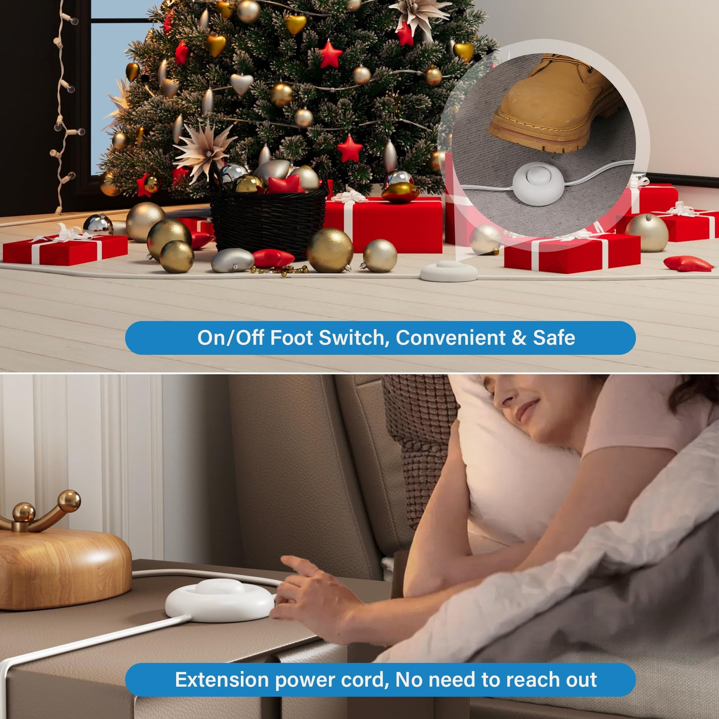 2 Prong Polarized Flat Plug Extension Cord 6 FT with Foot Switch for Floor Lamp NEMA 1-15 125V 6A Pedal On/Off Inline Push Switch Step On Power Cord for Holiday Christmas Light Tool Appliance-White