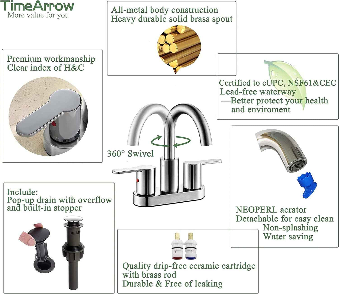 Brushed Gold Bathroom Sink Faucet - Modern 4-Inch Centerset with 360° Swivel Spout & Drain Assembly