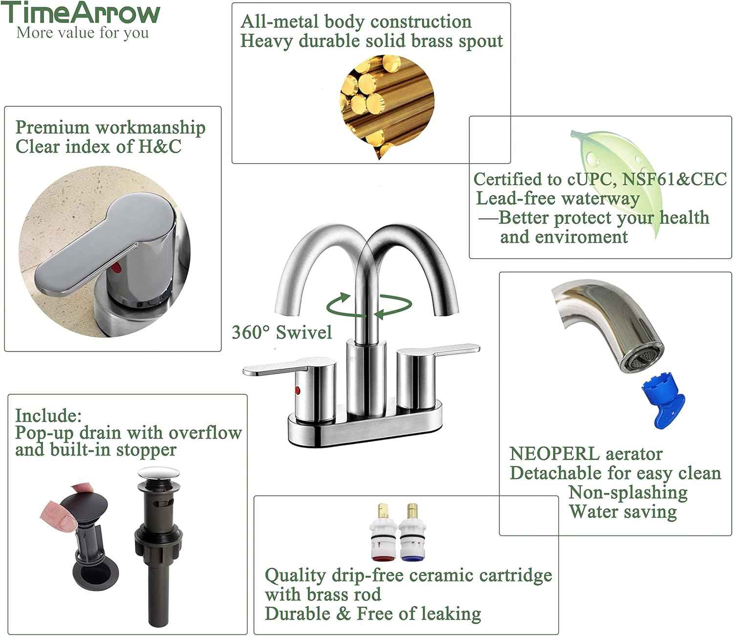 Brushed Gold Bathroom Sink Faucet - Modern 4-Inch Centerset with 360° Swivel Spout & Drain Assembly