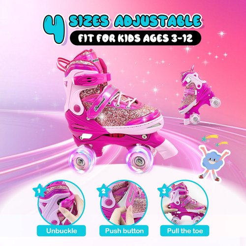 Kids Roller Skates for Girls Boys 4 Size Adjustable Ages 3-5 5-8 6-12 Red Quad Rollerskates with Light Up Wheels for Beginner Children's Birthday Gift patines para niñas Outdoor Sports