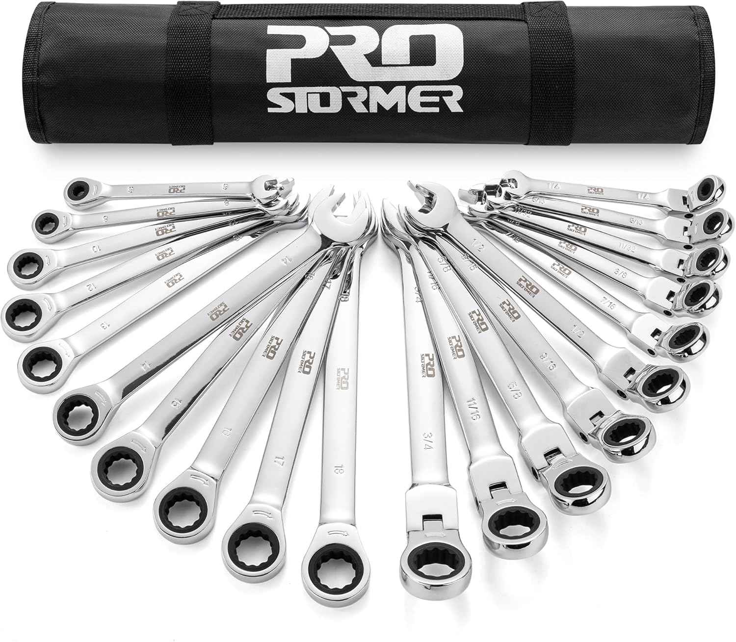 14-Piece Metric Ratcheting Wrench Set - Flex-Head, 72 Tooth, Cr-V Steel with Storage Case (6-19mm)