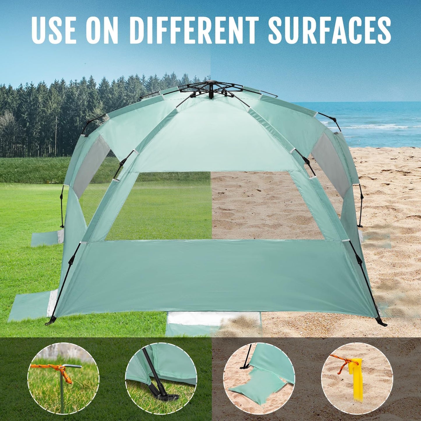 WhiteFang Deluxe Beach Tent - UV Protection Sun Shade Shelter for 3-6 People | Extendable Floor, 3 Windows, Carrying Bag Included
