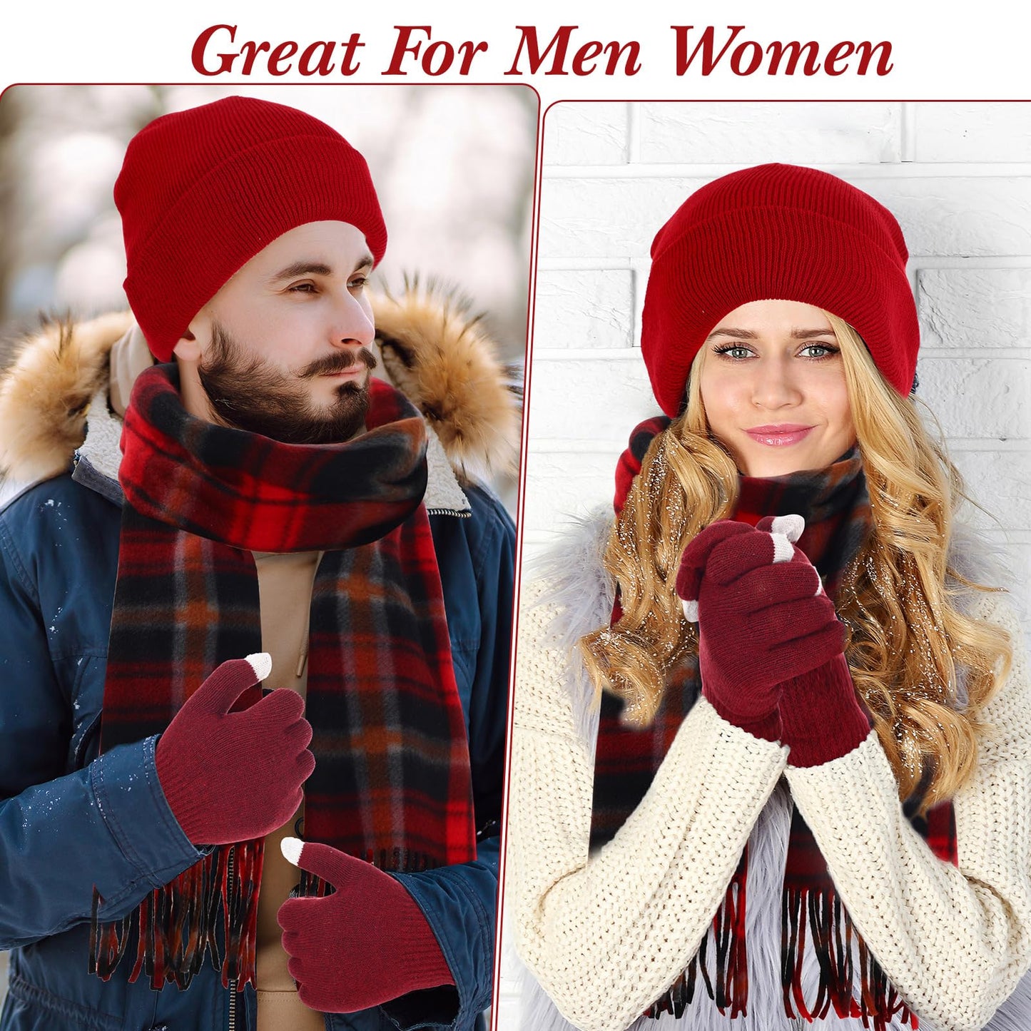 Chicingyou 90 Pcs Hats Scarves Gloves Supplies Bulk Winter Beanies Red Grids Scarves Touchscreen Gloves for Men Women