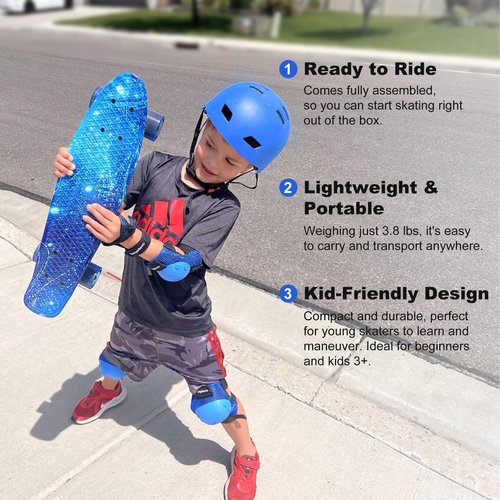 Kids Skateboard Set with Light-Up Wheels–Complete Beginner Kit Includes Full Protective Gear & Skate Tool–Ideal for Boys & Girls,Blue 22"