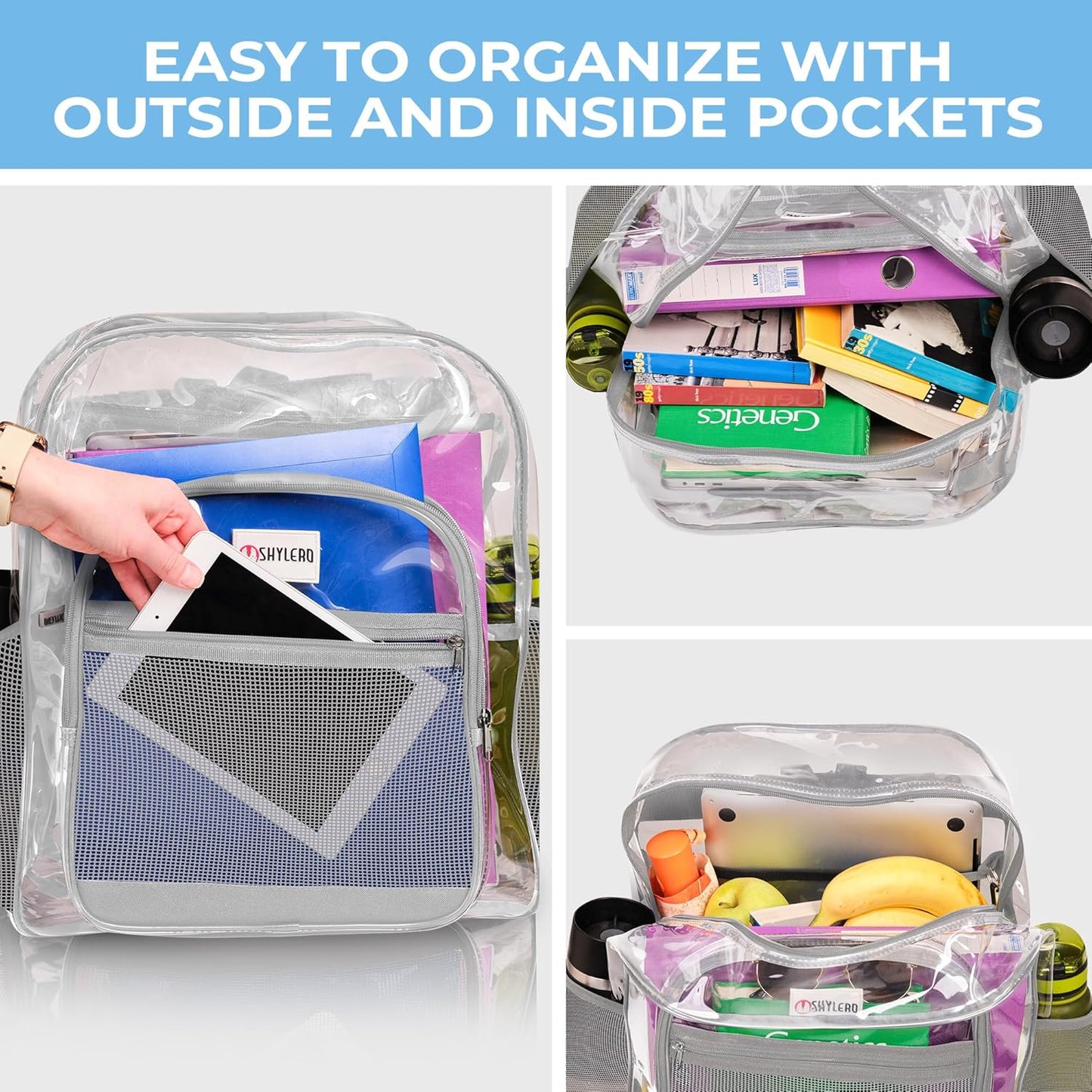 SHYLERO Clear Backpack - Heavy Duty PVC with TSA Lock & 2-Way Zipper | Extra Large Grey (18" x 14" x 8")