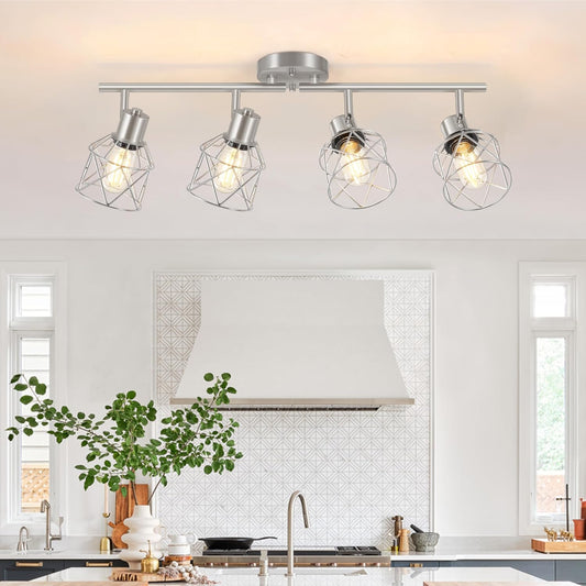 Adjustable 4-Light Semi Flush Mount Ceiling Light with Metal Cage - Farmhouse Style for Dining & Living Rooms