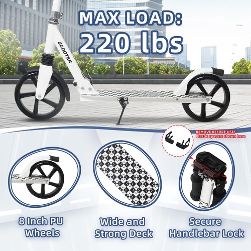 Nattork Kick Scooter for Kids 6+ Years Teens Adults - 220LB Weight Capacity, Front Shock Absorber and Adjustable Handlebar - Smooth Ride with 8" Sturdy Wheels, Ideal for Outdoor Sports White