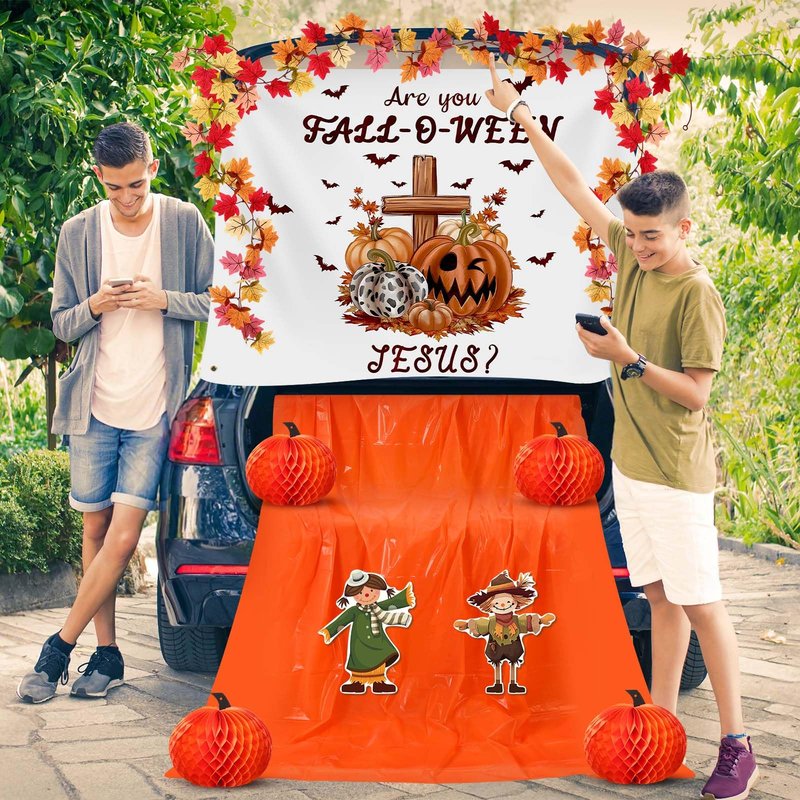 Suncalla Halloween Religious Christian Trunk or Treat Car Decorations Autumn Fall Are You Fall-o-ween Jesus Scarecrow Archway Garage Decor for Car Archway Trunk Exterior Halloween Party Supplies Decor
