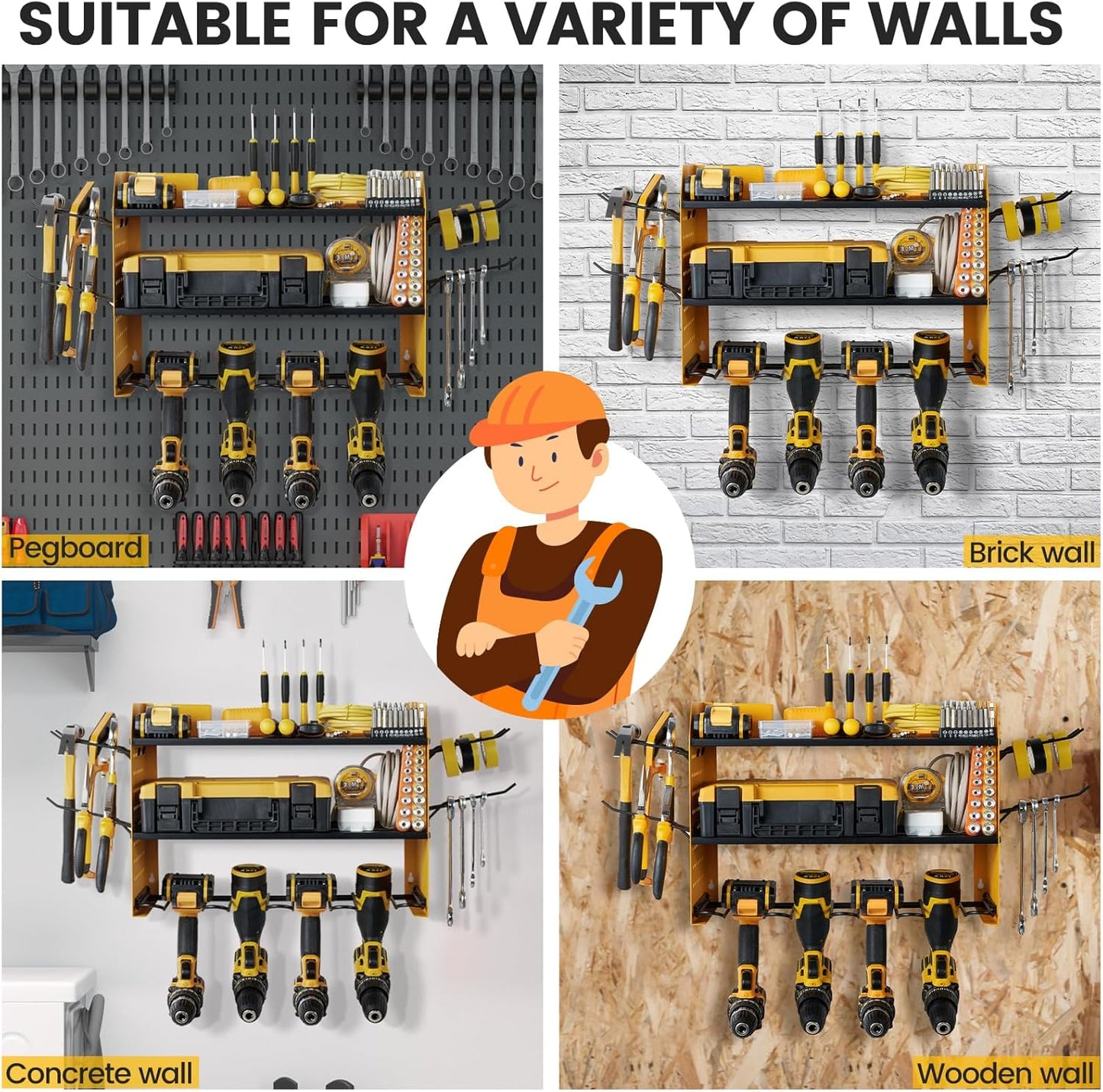Power Tool Organizer Wall Mount - 3-Layer Charging Station with 8 Outlets & 6 Drill Holders - Efficient Garage Storage Solution (Black)
