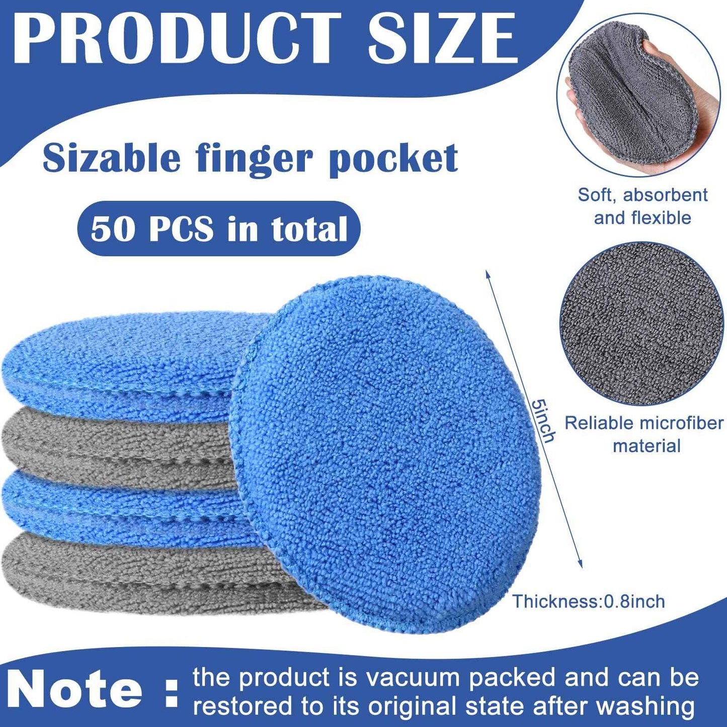 FillTouch 50 Pcs Microfiber Wax Applicator Pads 5 Inches Diameter Applicator Pads Bulk Soft Microfiber Wax for Car Polishing Foam for Car Cleaning(Blue, Gray)