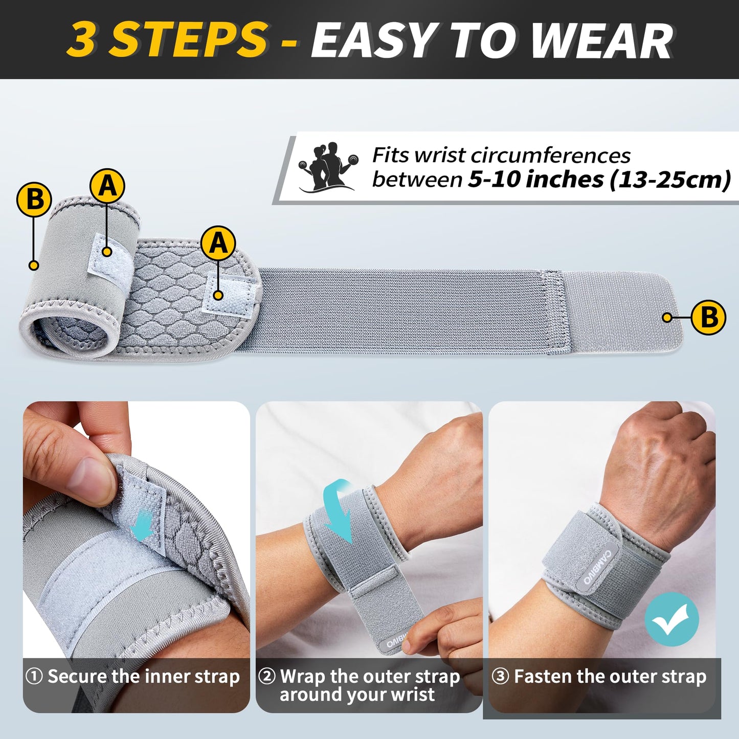 CAMBIVO Wrist Wraps for Men and Women 2 Pack, Adjustable Compression Wrist Brace for Carpal Tunnel, Wrist Support, Pain Relief, Lifting Straps for Fitness, Weightlifting, Gym Workout