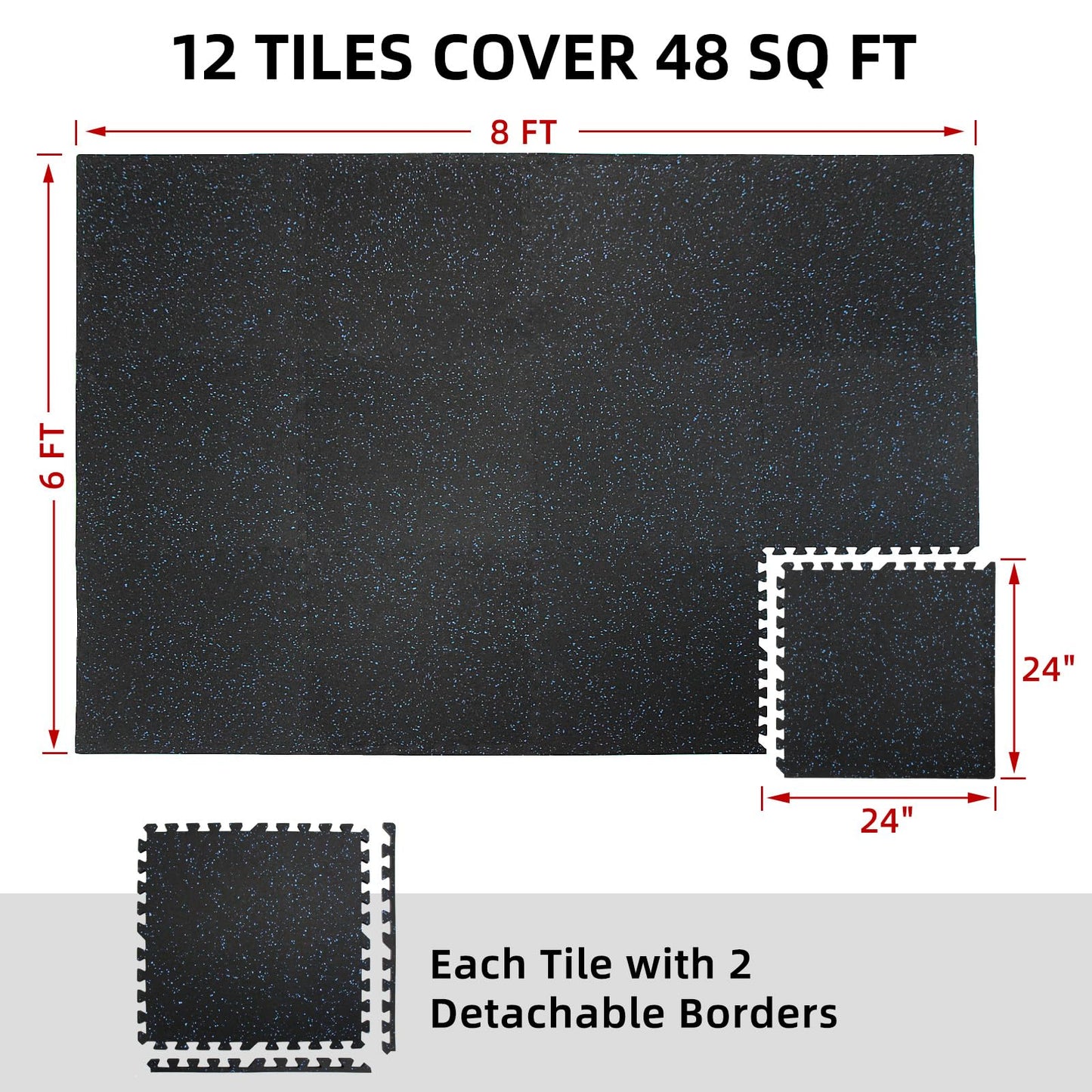 HIAARO 0.56in Thick 48 Sq Ft Exercise Equipment Mats, 12 Tiles Rubber Top EVA Foam Workout Mats, Interlocking Gym Flooring for Home Gym, 24 x 24in, Black & Blue