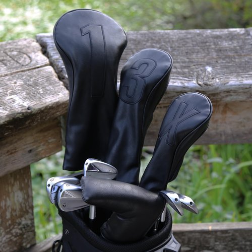Golf Club Covers – Blackout Leather Driver Headcover, Fairway Wood, 3 Wood, Hybrid, Fits Mallet Blade Putter Head Covers Alignment Stick Cover (Set)