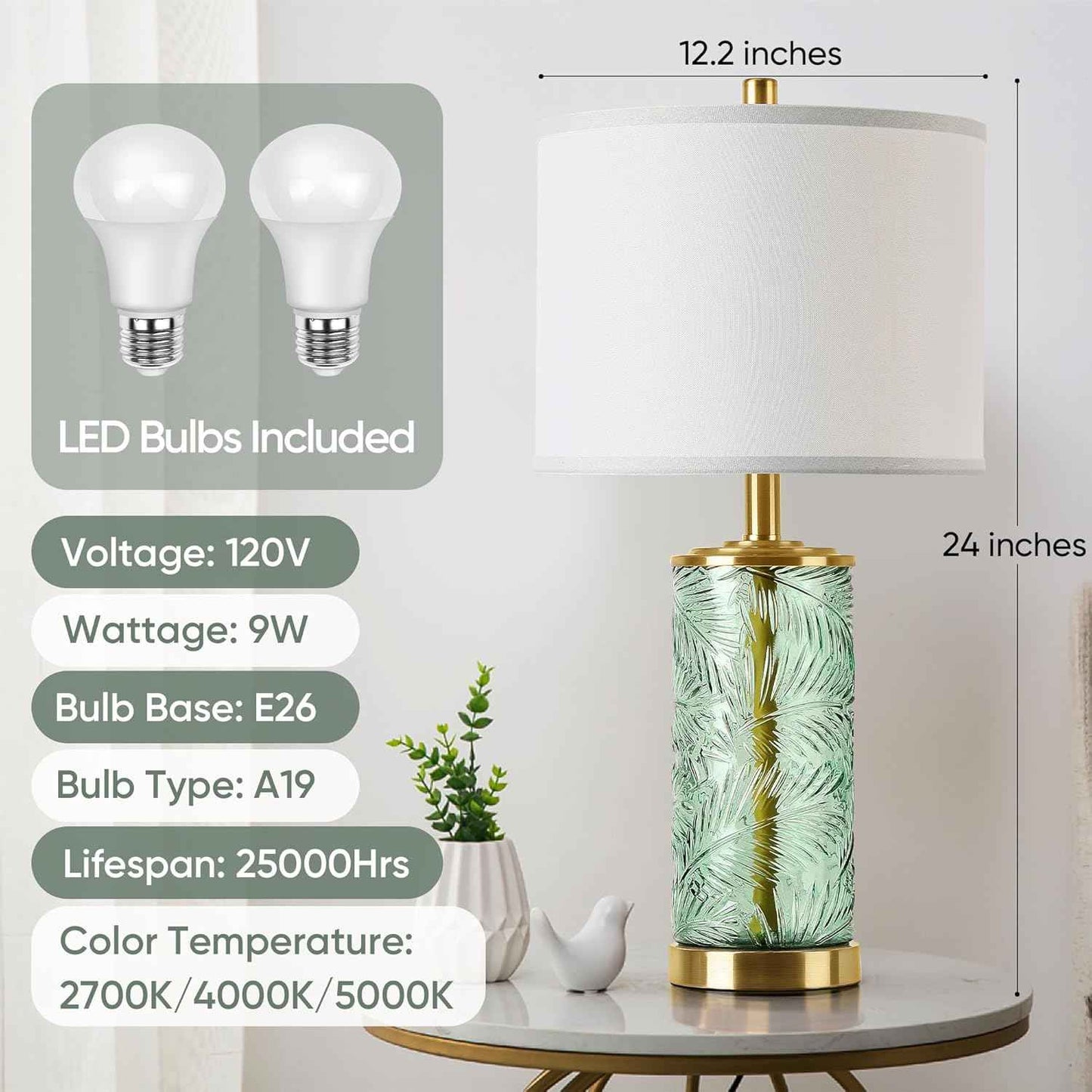 Modern Gold Glass Table Lamp Set of 2 with Palm Leaves Design - Stylish Bedside & Nightstand Lighting for Living Room & Bedroom (Bulbs Included)