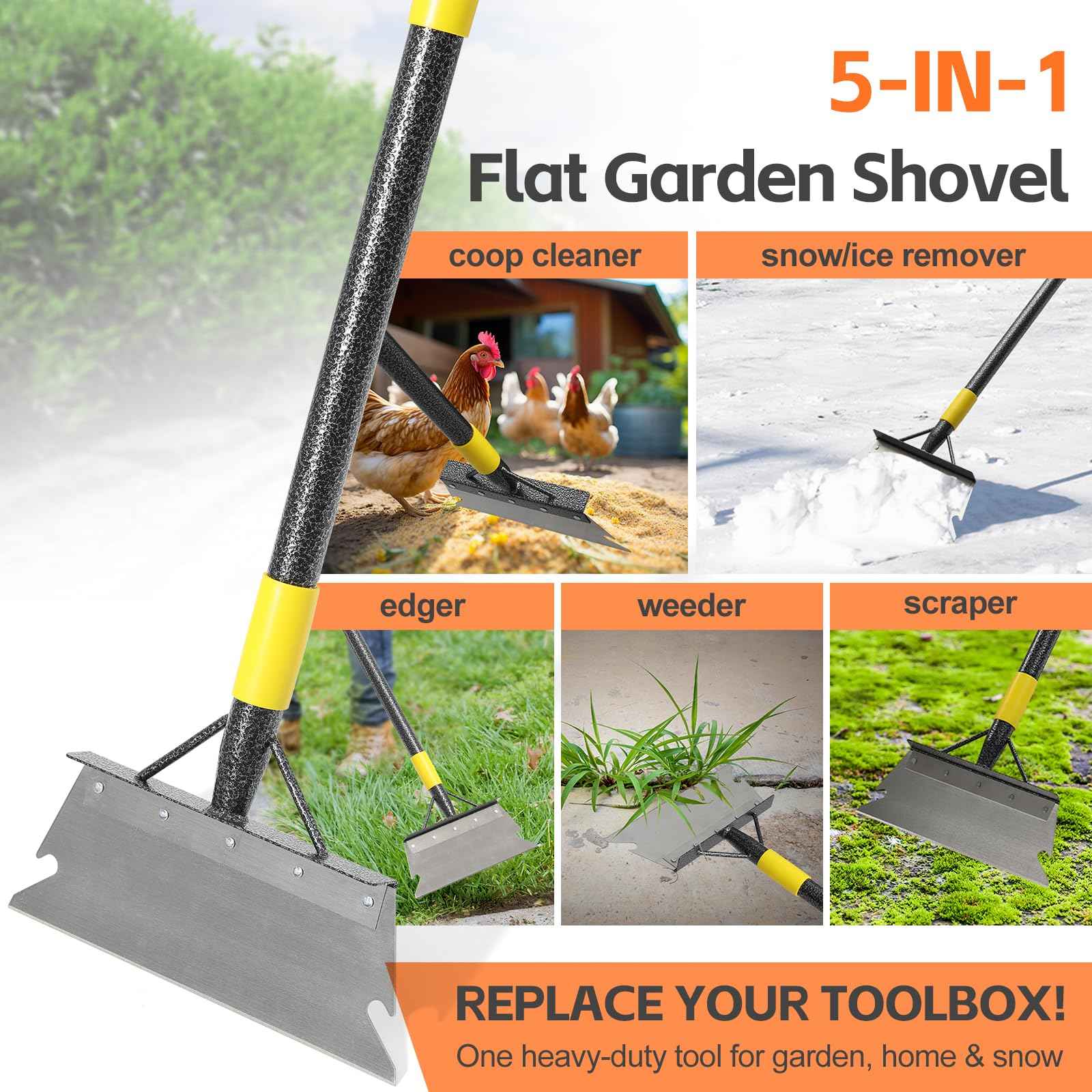Garden Shovel, Weed Scraper Tool, Multifunctional Garden Cleaning Shovels, 60" Floor Scraper Long Handle, Heavy Duty Metal Flat Spade Shovel for Lawn Edging,Sidewalk Weeding,Ice Chopper,Snow Shovel