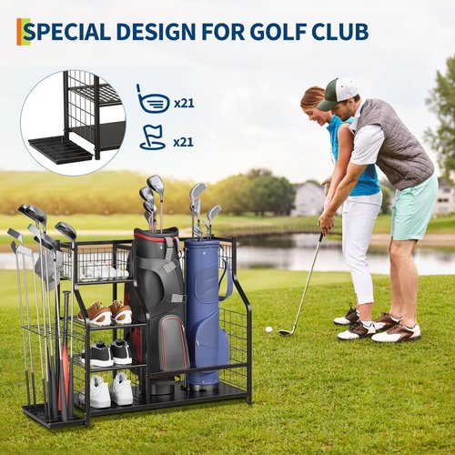 GarveeLife Golf Bag Organizer, Sports Equipment Organizer, Sports Organizer for Garage, Golf Bag Stand for Garage with Baskets, Hooks