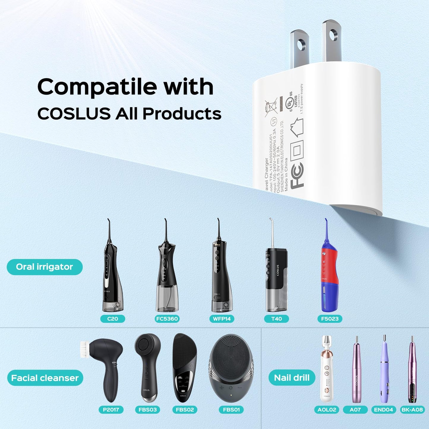 COSLUS Wall Adapter for COSLUS All Water Dental Flosser, Nail Drill and Facial Cleansing Brush Face Scrubber, 5V/2A USB-A Adapter