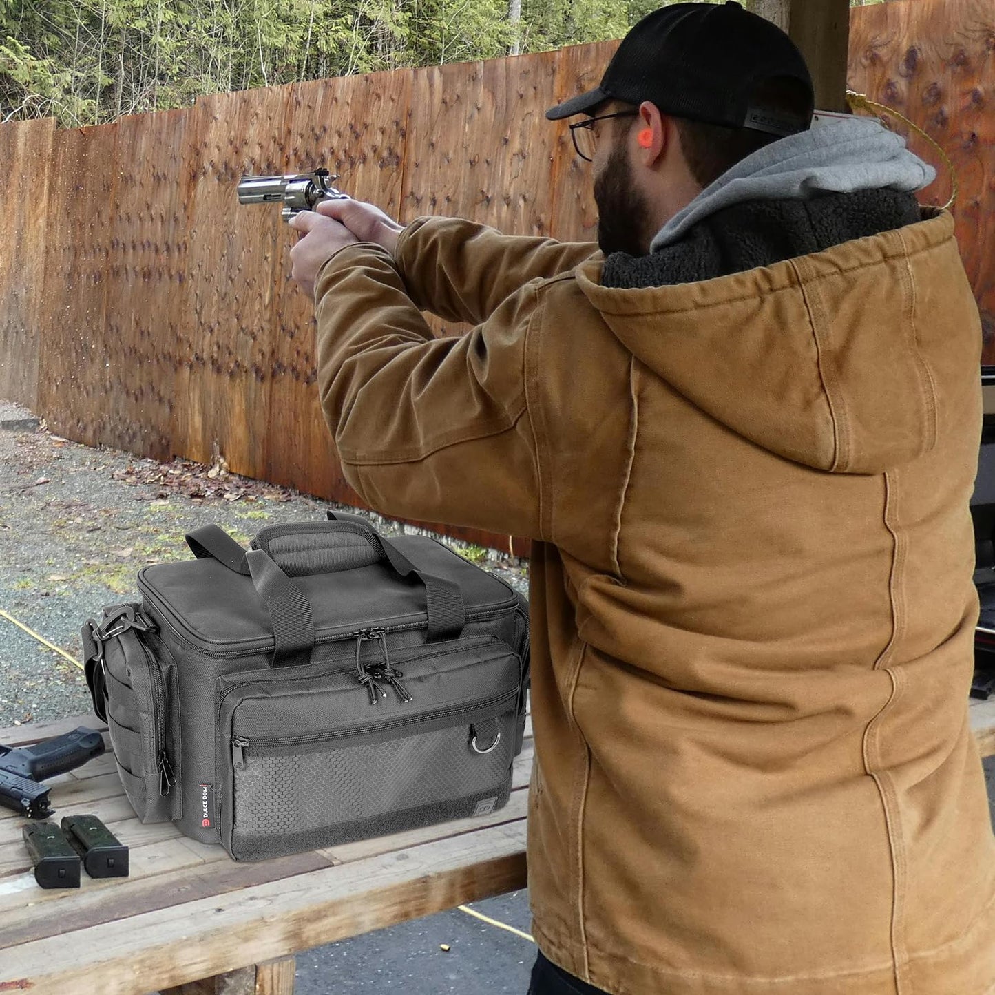 DULCE DOM Tactical Gun Range Bag for Handguns & Pistols - Lockable Compartment, Ammo Storage, Magazine Slots, Durable Range Essentials Bag (GREY)