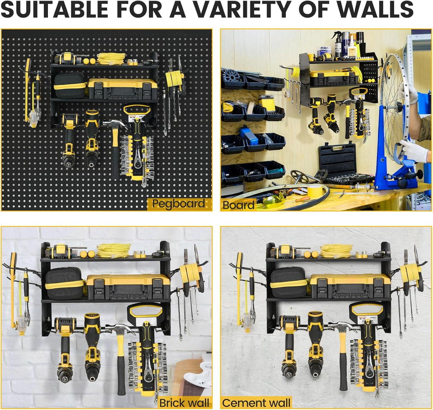 Power Tool Organizer Wall Mount - 3-Layer Charging Station with 8 Outlets & 6 Drill Holders - Efficient Garage Storage Solution (Black)