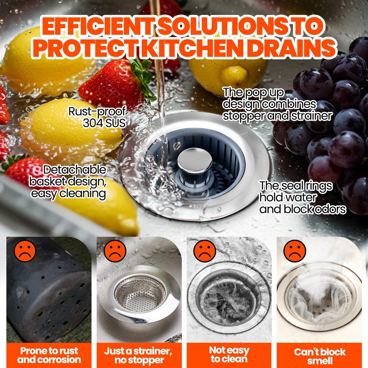 Nipoko Kitchen Sink Drain Strainer - Upgraded Kitchen Sink Stopper,Sink Stopper Kitchen Drain,Stainless Steel Drain Plug with Anti-Clog Basket Drain Stopper Combo,for Standard 3-1/2'' Drain,Grey