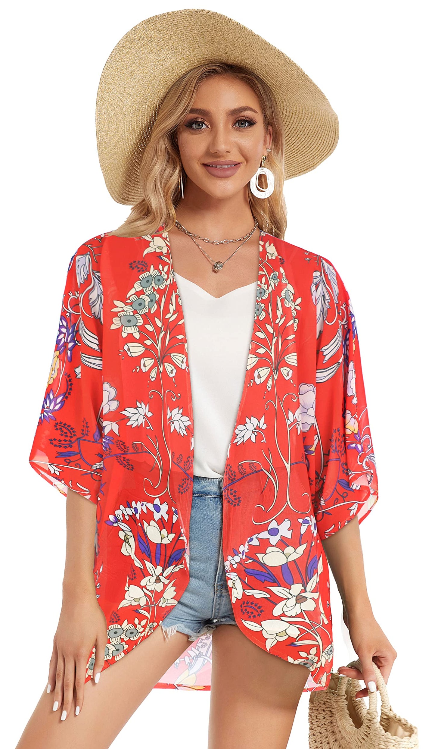 Summer Kimono Cardigan for Women Sheer Boho Tops Casual Open Front Swimwear Shirts Beach Cover ups (Boho Red,L)