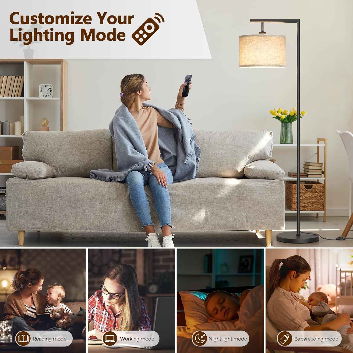 Adjustable Black Floor Lamp for Living Room - 3 Color Temperatures & Beige Linen Shade