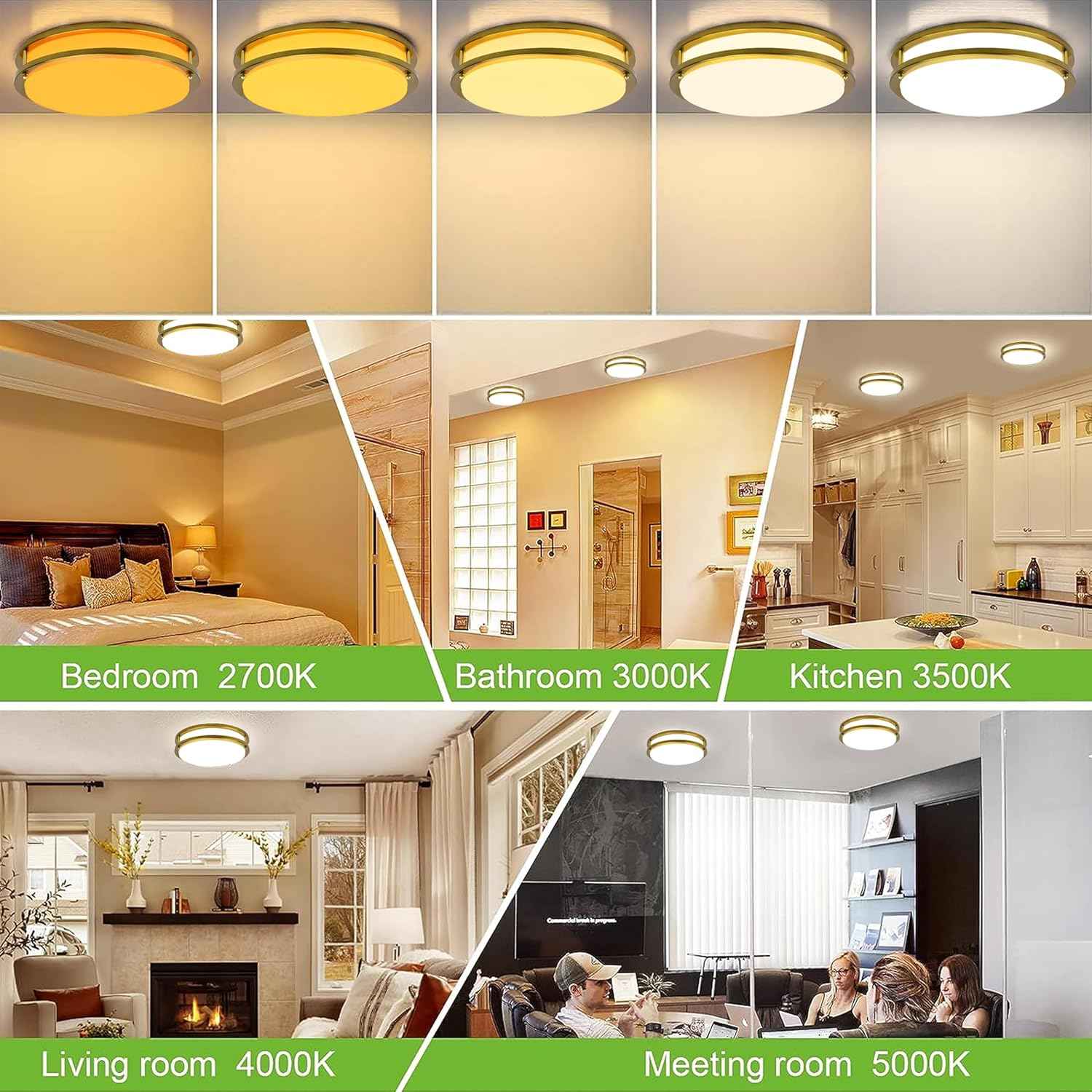 Adjustable 13-Inch Gold LED Flush Mount Ceiling Light Fixture - Dimmable 2700K-5000K for Hallway, Bathroom & Kitchen (2-Pack)