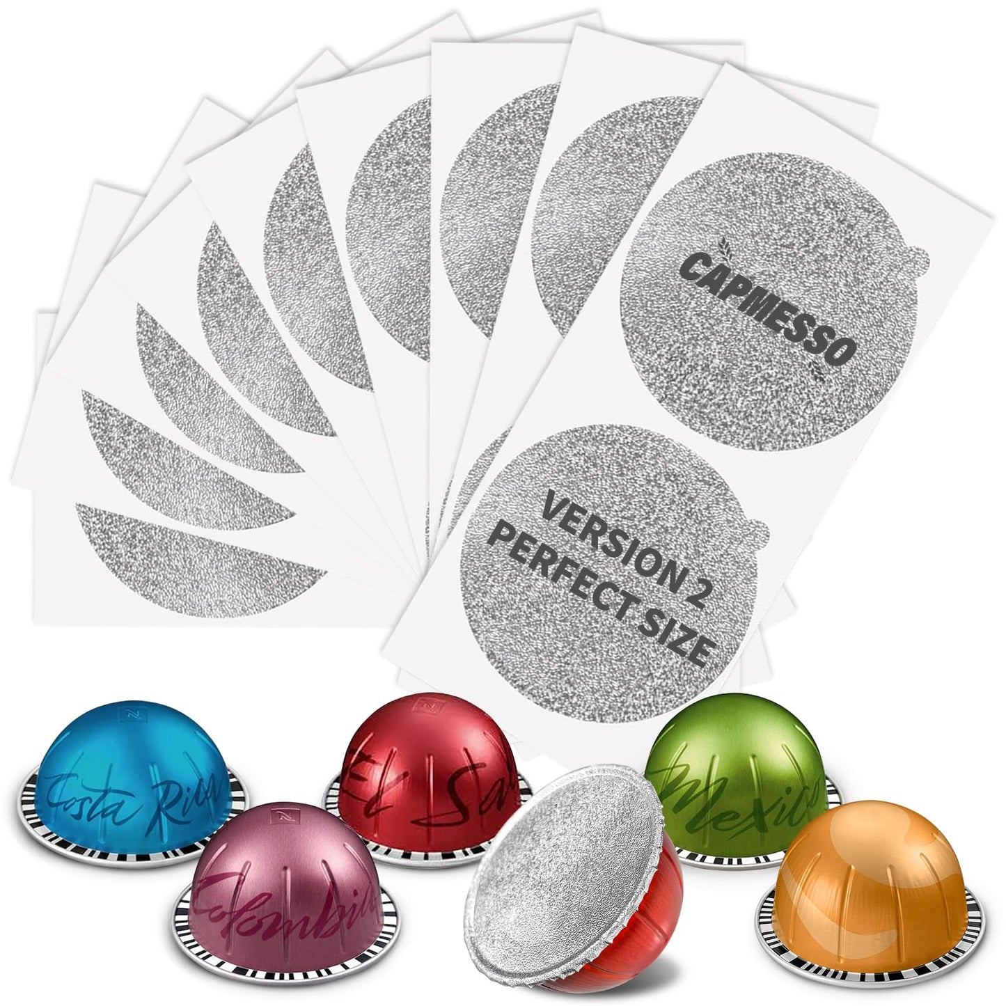CAPMESSO Aluminum Foil Lids for Nespresso Vertuo Pods: 100 PCS Foil Seal Cover for Reusable Nespresso Pods Vertuo - V2 Perfect Size for nespresso refillable pods(Foil Lids Only)
