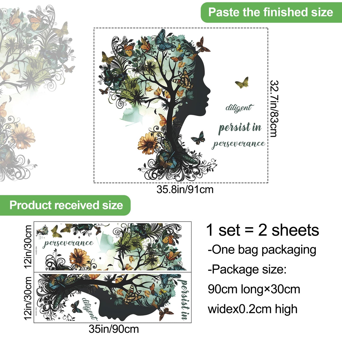 Buiory Removable Inspirational Wall Decals Peel and Stick Wall Stickers Art Positive Sayings Sticker DIY Giant Tree Butterfly Wall Decor for Women Girls Bedroom Living Room Sofa Background Decoration