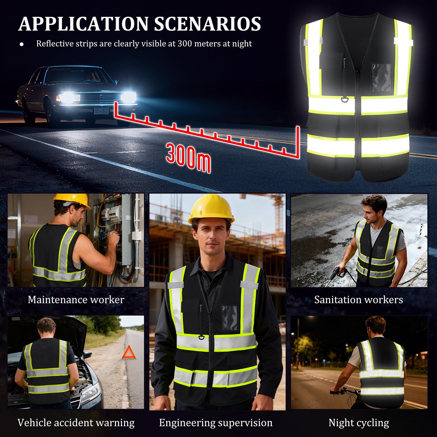 Safekim Custom Safety Vest with Logo, High Visibility Reflective Black Personalized Safety Vest for Men Women, Customized Construction Work Vest with Pockets and Zipper