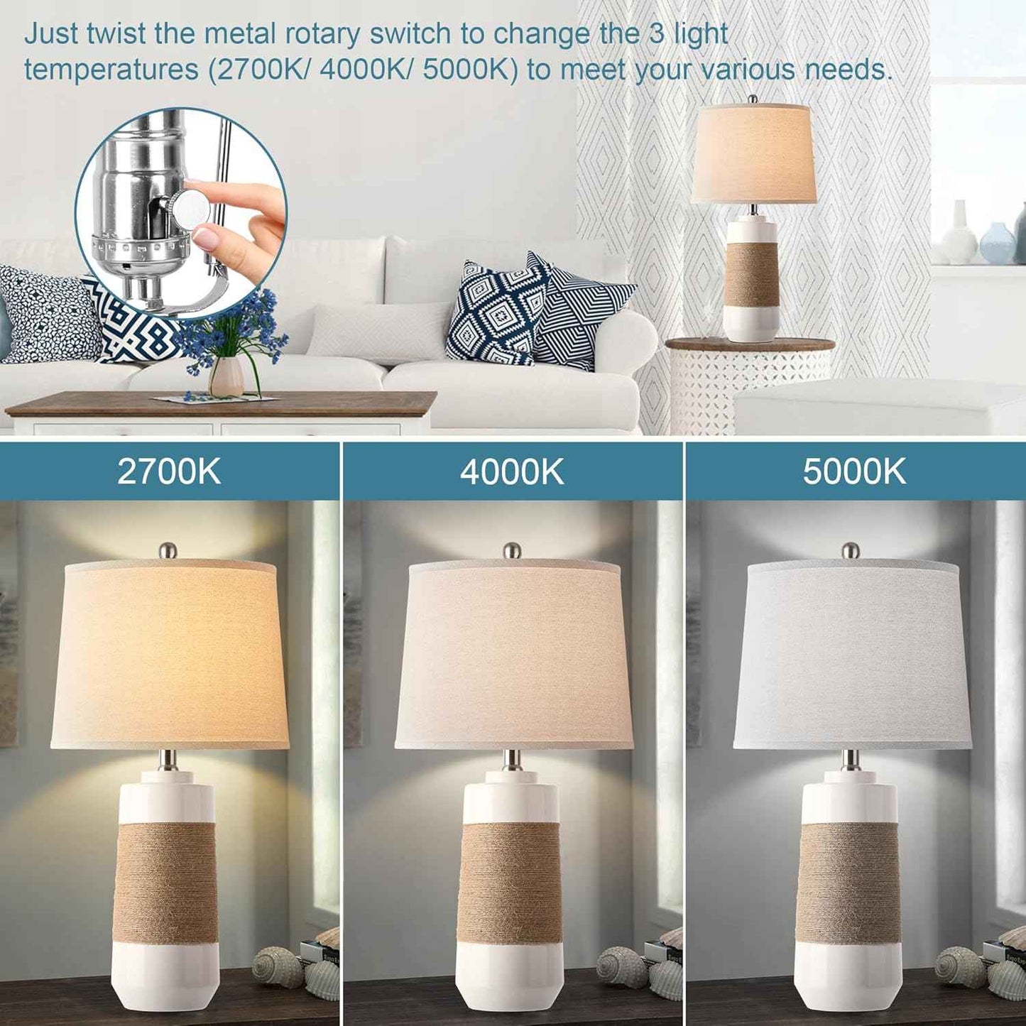 Set of 2 White Boho Ceramic Coastal Lamps with Rope - Nautical Bedside & Living Room Lighting