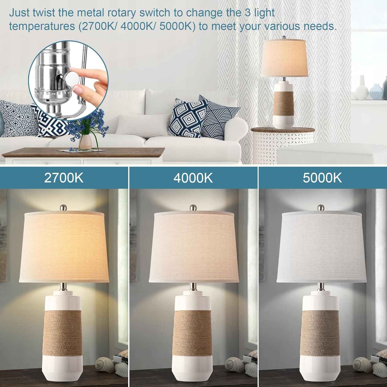 Set of 2 White Boho Ceramic Coastal Lamps with Rope - Nautical Bedside & Living Room Lighting