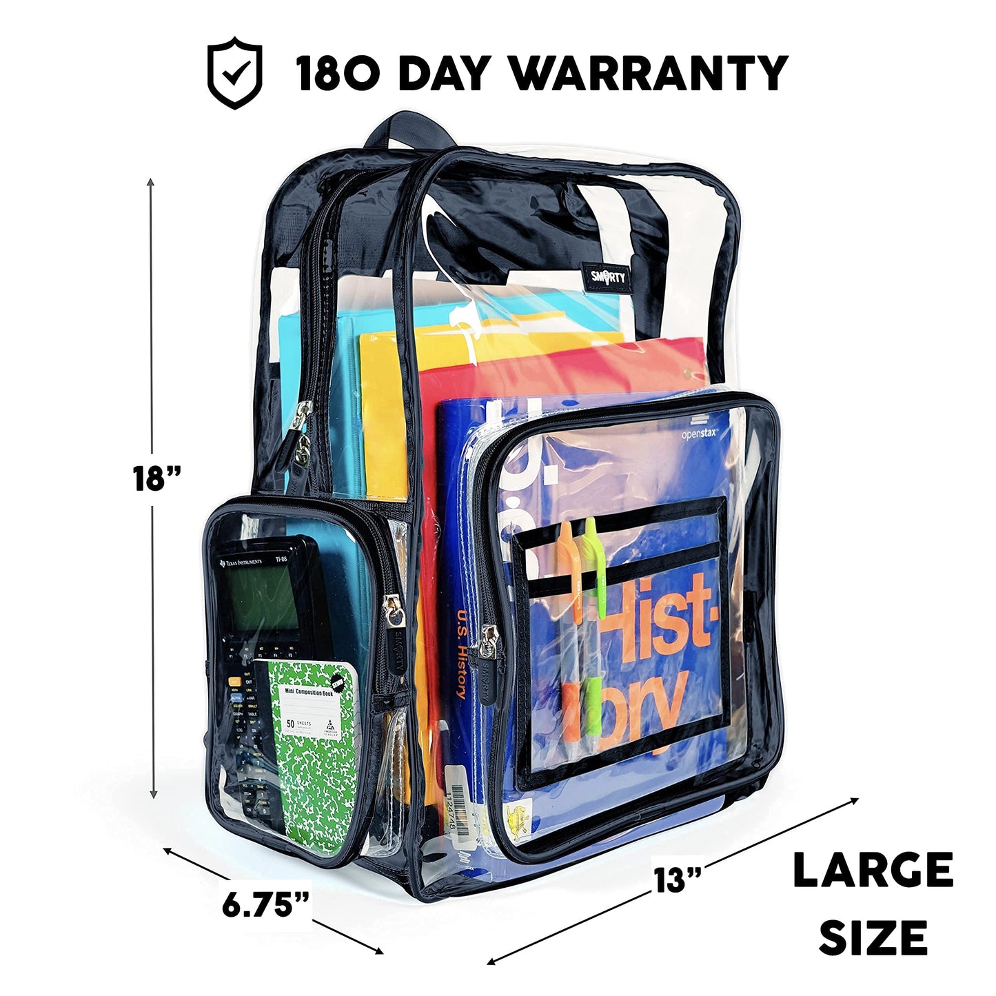 SMARTY Large Heavy Duty Clear Backpack V6 Durable Transparent See Through Bag (Black)