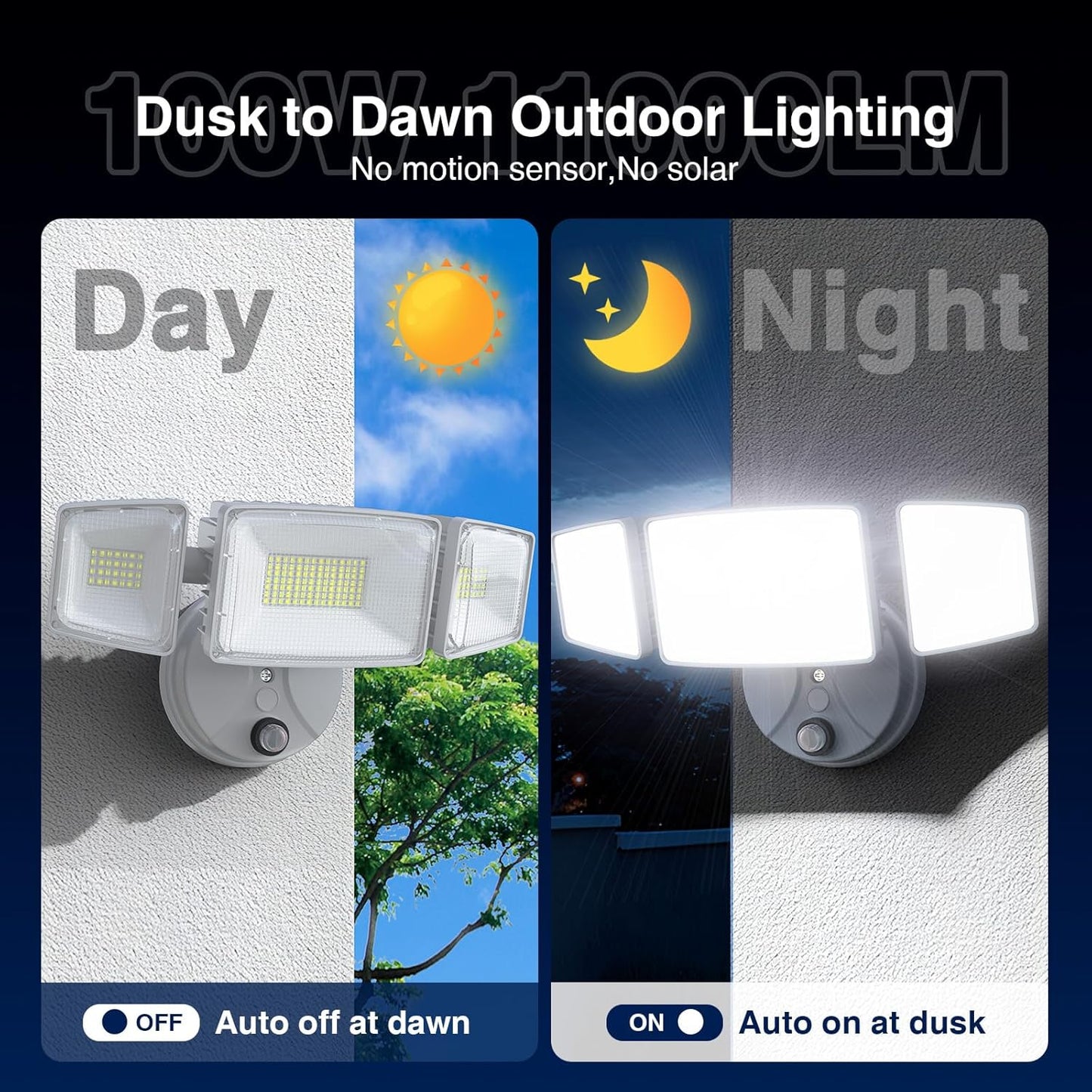 100W Dusk to Dawn LED Outdoor Flood Light - 11000LM Waterproof Security Light with 3 Heads Photocell for Garage & Yard