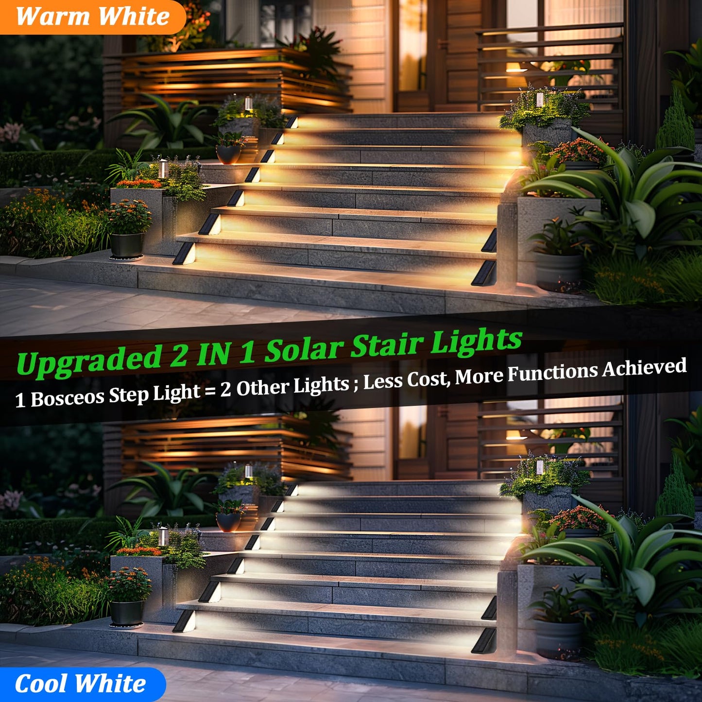 Solar Stair Lights Outdoor Waterproof 16-Pack, Upgraded 2-in-1 LED Warm White and Cool White Solar Powered Step Light for Outside, IP67 Auto On/Off Solar Lights for Front Sidewalk Yard Patio Porch
