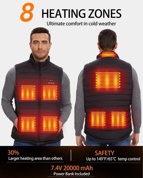 HILLSLTR Men's Heated Vest with 20000mAh 7.4V Rechargeable Battery Pack - Electric Heating Vest for Outdoor Activities,L