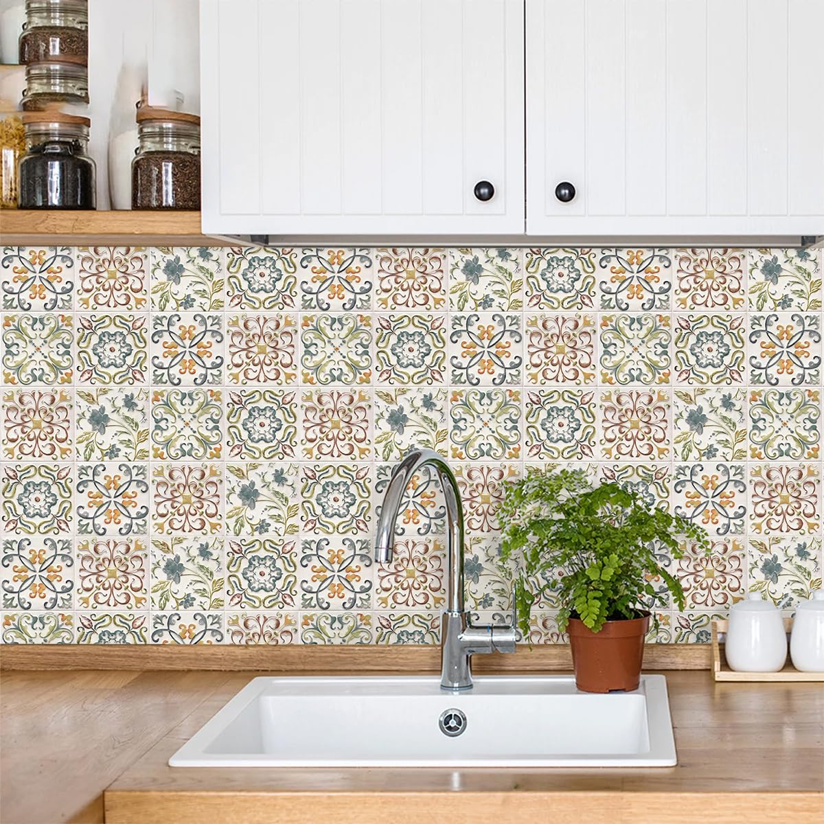 Wudnaye Bohemian Wallpaper Peel and Stick Faux Tile Contact Paper 17”×118” Tile Pattern Removable Self Adhesive Wallpaper for Backsplash Waterproof Contact Paper for Kitchen Cabinets Vinyl Decorative