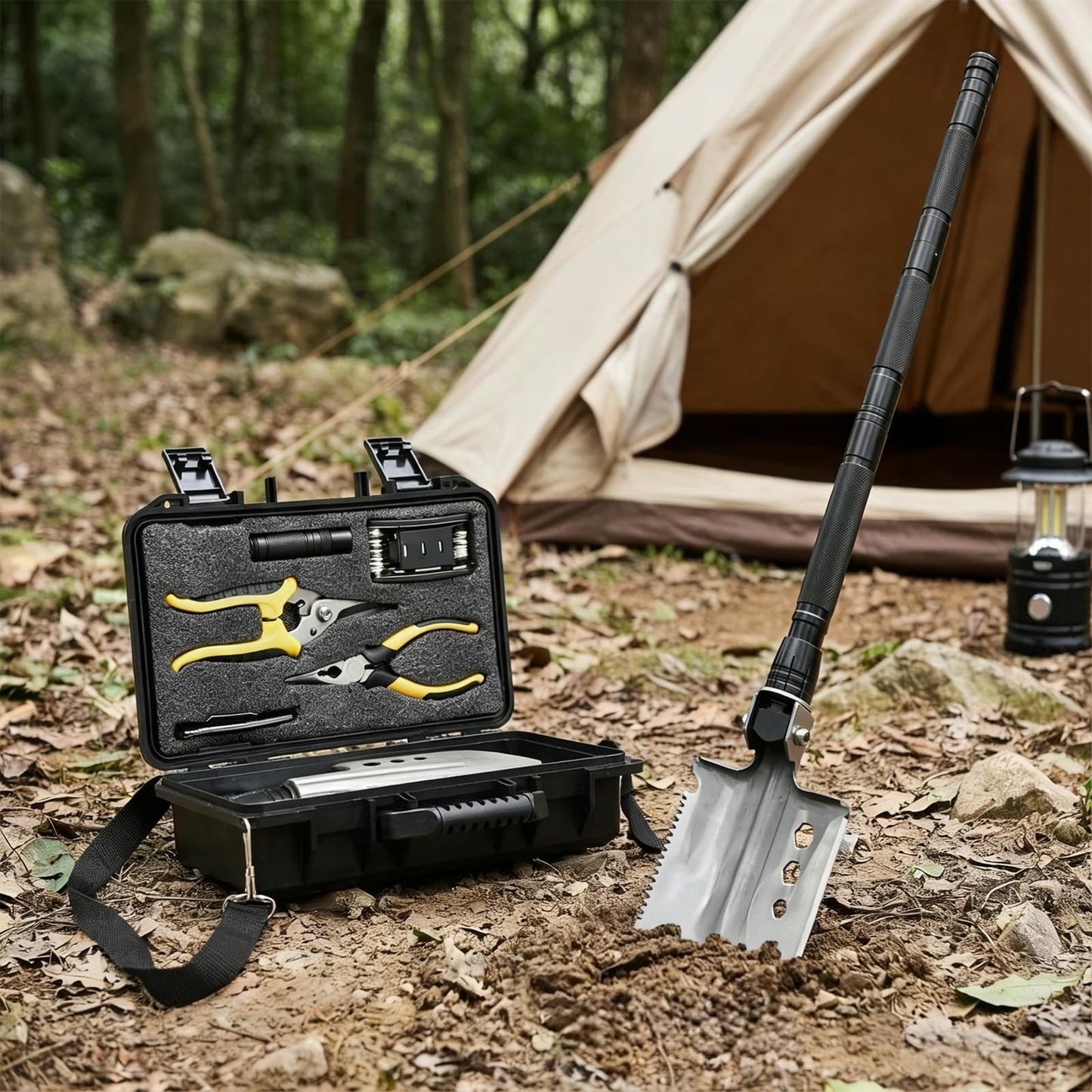 CIRONBOW Folding Camping Shovel Axe Kit,Multifunctional Survival Shovel with Stainless Steel Pickaxe ,pliers,Compass,Locking scissors,Magnetic flashlight- For Camping, Snow, Hiking, Survival Gear