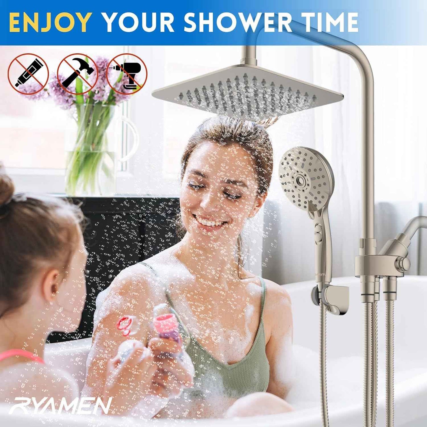 High Pressure Dual Shower Head Combo with Handheld - 8" Rainfall & 6 Spray Settings, Adjustable Brushed Nickel