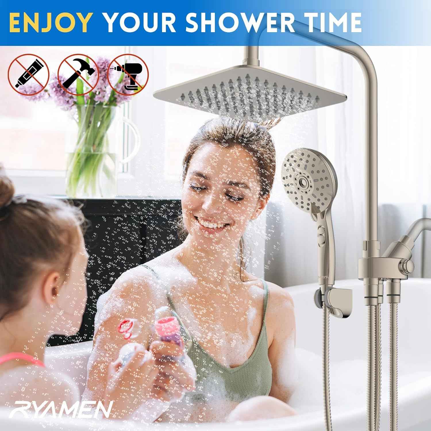 High Pressure Dual Shower Head Combo with Handheld - 8" Rainfall & 6 Spray Settings, Adjustable Brushed Nickel