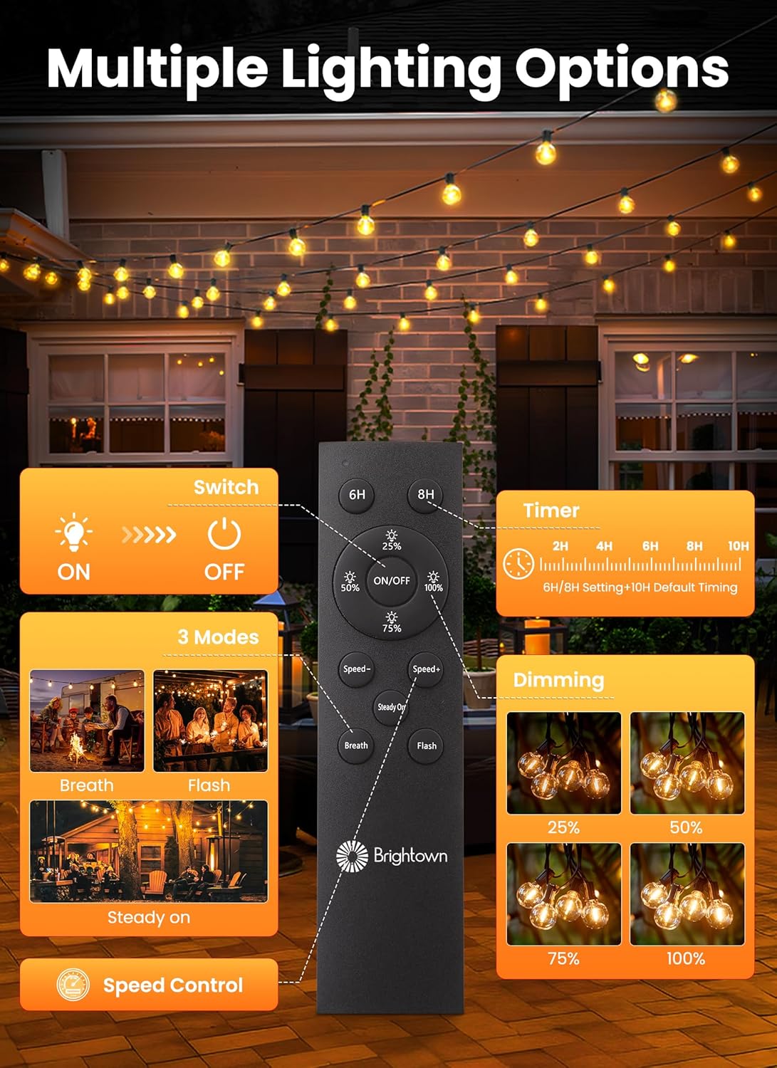 Solar String Lights Outdoor 108FT with Remote - 52 Dimmable LED Bulbs for Patio, Garden, Wedding