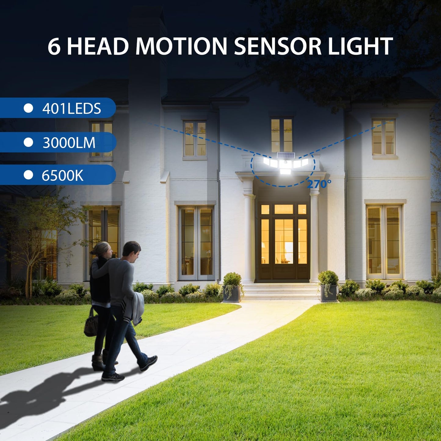 SZPOWER Solar Outdoor Lights, 3000LM Solar Flood Lights with 401 LED, 6 Heads Motion Sensor Light 360° Beam Angle, IP65 Waterproof,3 Adjustable Brightness, Remote Control Security Light 3 Packs
