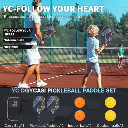 YC DGYCASI Pickleball Paddles Set of 2, USAPA Approved Carbon Fiber Surface Pickleball Set, Lightweight Pickle Ball Rackets 2 Pack, 2 Outdoor Pickleball, 2 Indoor Pickleball, 1 Pickleball Bag
