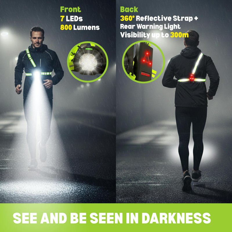 SY14 800LM High-Visibility Running Lights for Runners with Rear Light Chest Torch for Running Adjustable 120Β° Beam & 360Β° Reflective Vest IP55 Dust Waterproof Cycling Hiking Jogging Easter Gift