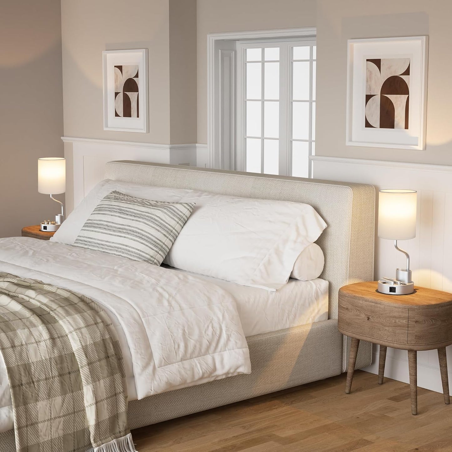 Set of 2 Bedside Table Lamps with USB & AC Outlet - 3 Color Temperatures, Desk Light & Phone Stand for Bedroom, Living Room, Office