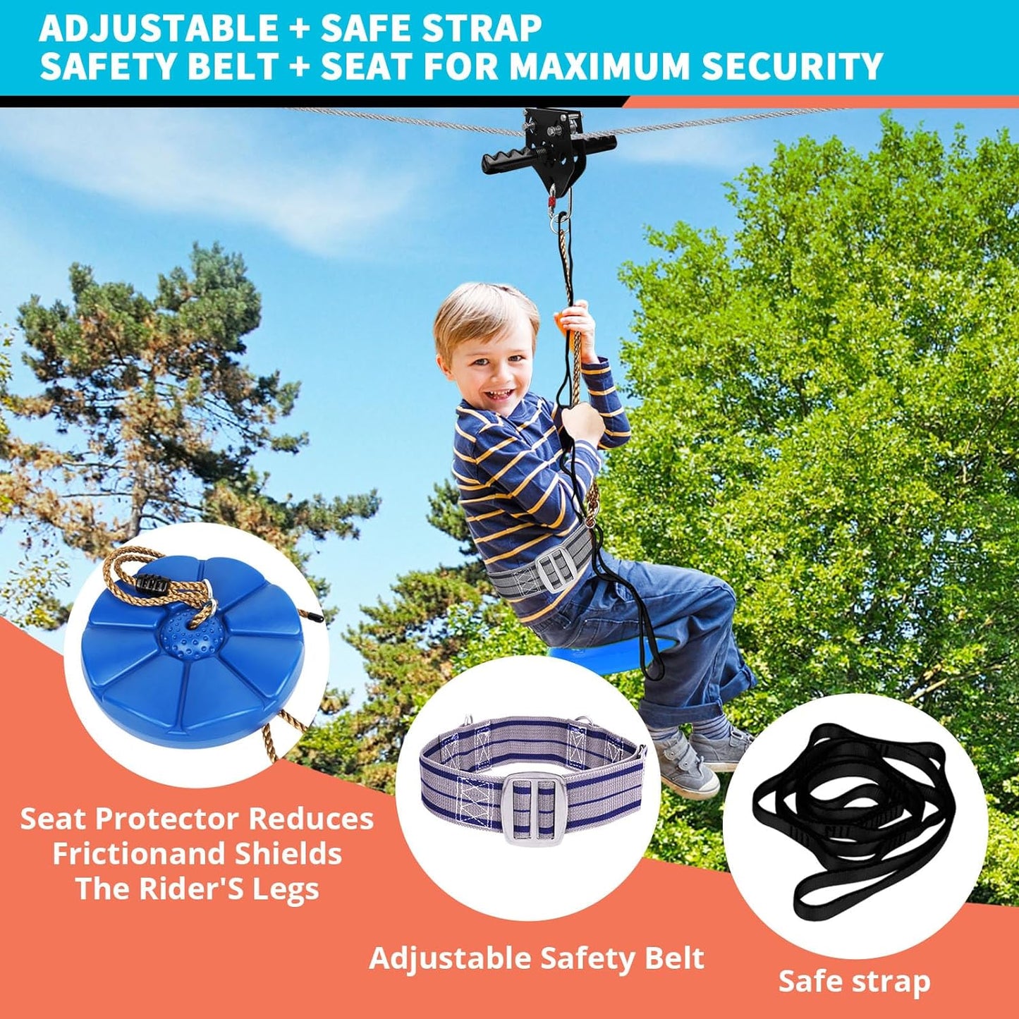 Zip Line Kit - 100FT to 200FT for Kids & Adults | Up to 380Lbs - Rust-Proof Trolley with Spring Brake