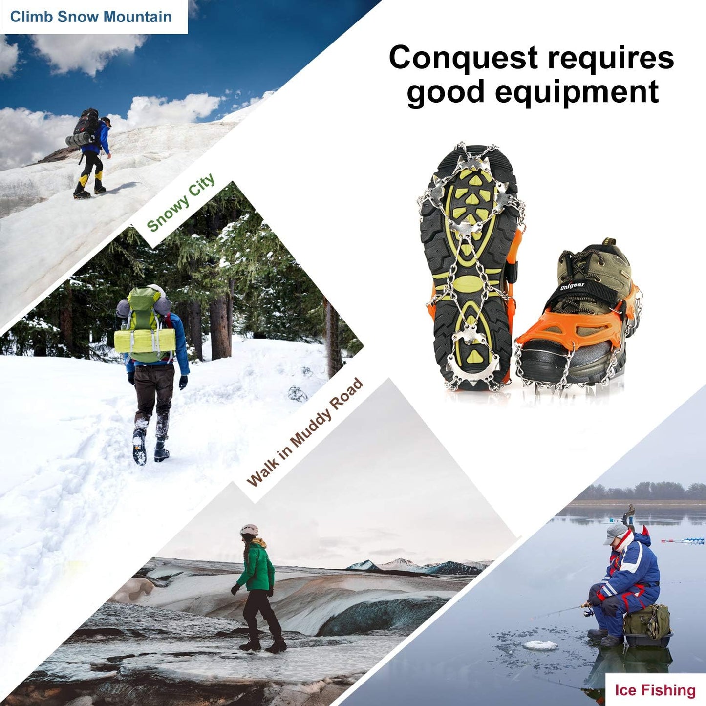 Unigear Crampons for Hiking Boots - 18-Spike Traction Ice Cleats for Walking, Jogging & Climbing