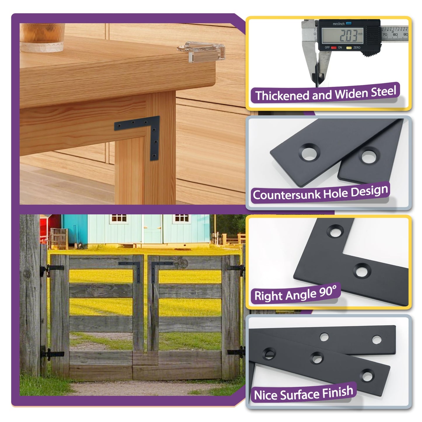 Alise Flat L Brackets for Wood,Black Flat Corner Brace Corner Brackets for Wood Frame Tables Chairs Sofas Beds Cabinets Doors and Windows,4.8x4.8'' Stainless Steel Mending Plates,Pack of 4