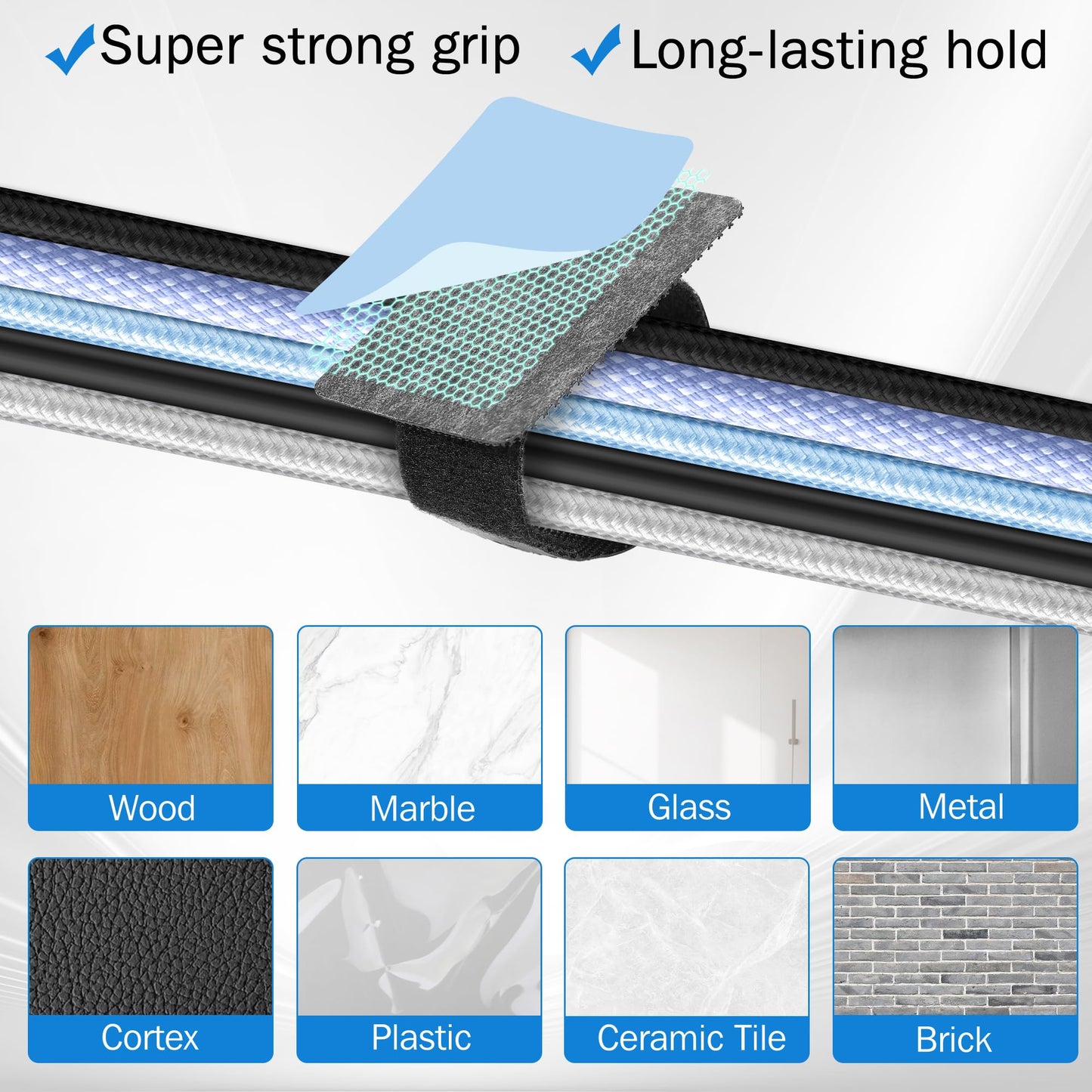 Vorona Under Desk Cable Management, 41pcs Adjustable Self Adhesive Hook and Loop Cable Ties, Up to 15 Cord, Enhanced Wire Holder, Reusable Cord Holder Organizer for Household & Office Essentials