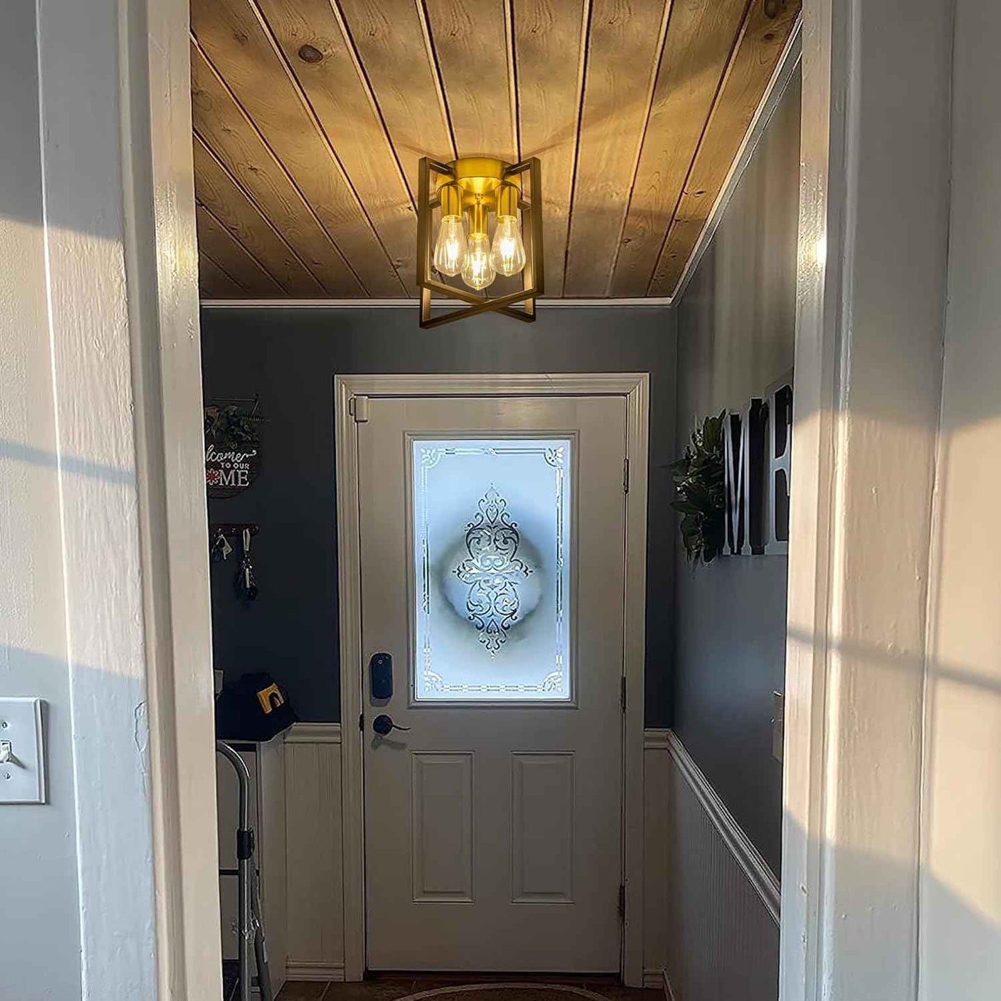 Brushed Nickel 3-Light Flush Mount Ceiling Light Fixture - Modern Geometric Design for Living Room, Kitchen, Dining Room, and Hallways